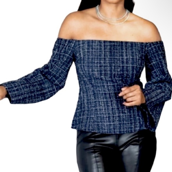 NWT Zara black and blue tweed off the shoulder top size XS - Picture 2 of 9